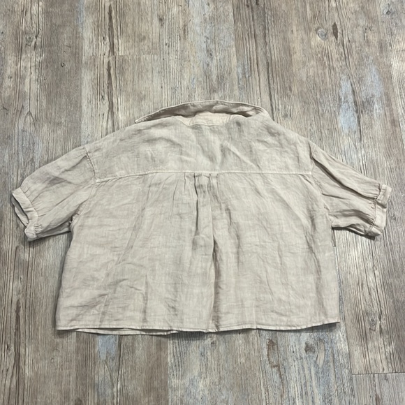 Zara 100% Linen Cropped Shirt Womens XS Tan Button Up Short Sleeve - Picture 4 of 4
